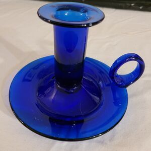 cobalt blue blown glass candle stick holder w/finger loop 4in tall